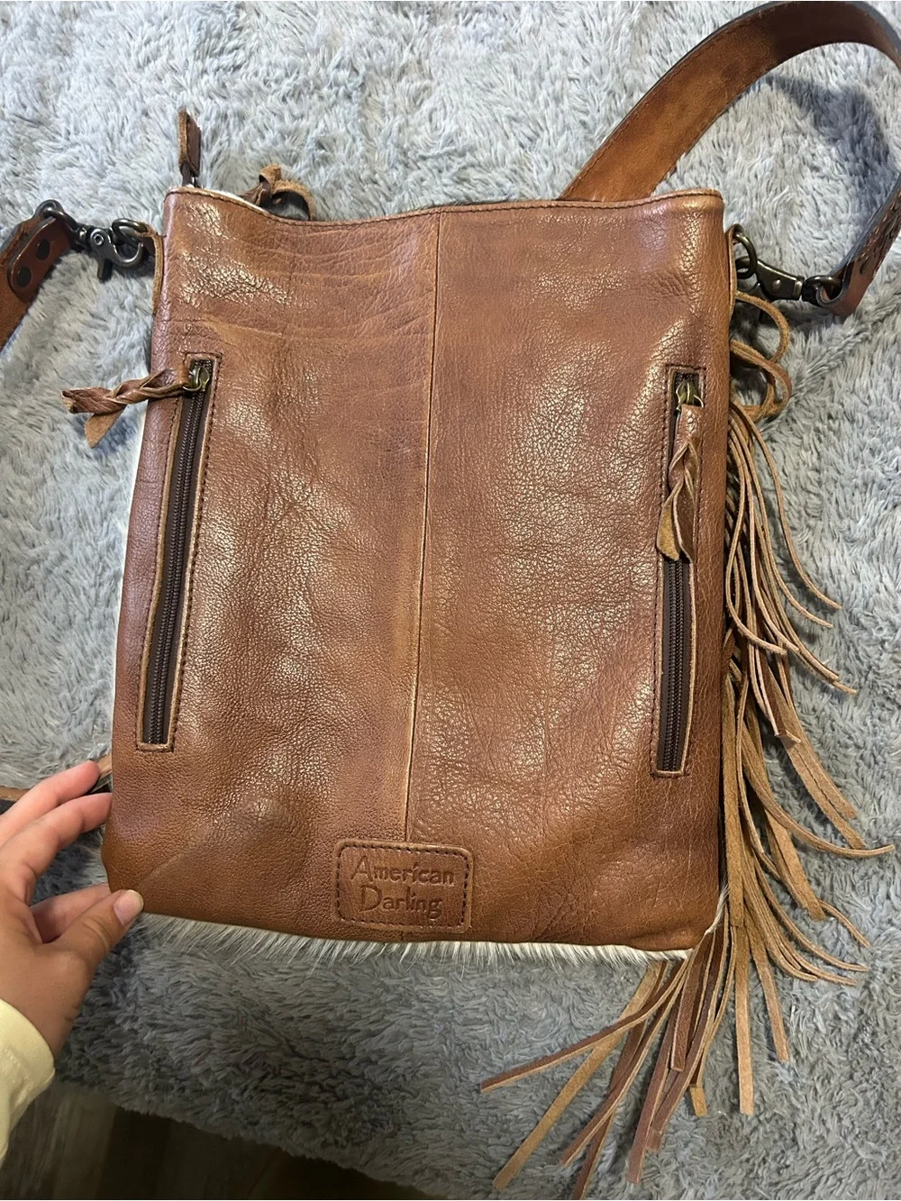 Brown Tooled Leather & Black-White Cowhide Crossbody Bag